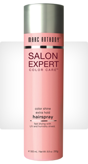 a single product shot of a pink Marc Anthony's Salon Expert Color Shine Extra Hold Hairspray bottle on a white background
