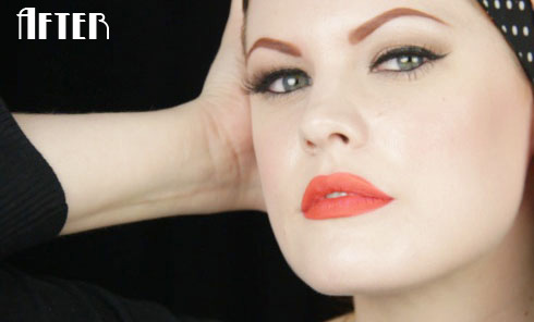 Ashley of Hollywood Noir Makeup showing posing for an after photograph of the perfect vintage brows