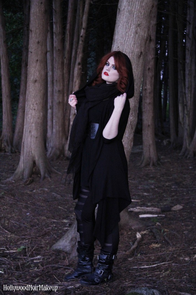 Phantomlovely black hooded cape jacket modelled by hollywood noir makeup.