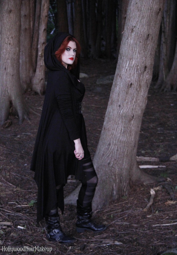 Phantomlovely black hooded cape jacket as modelled by hollywood noir makeup