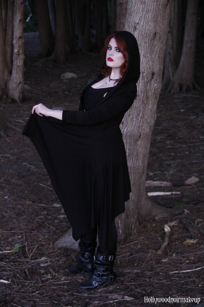 Phantomlovely Hooded Darkness Jacket in Black. Modelled by Hollywood Noir Makeup.